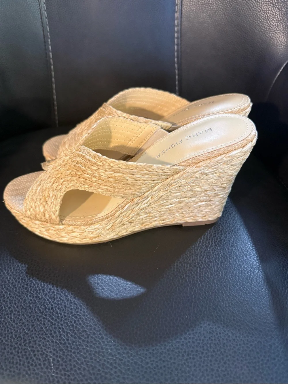 Marc Fisher Braided Straw Wedge Sandals in Natural